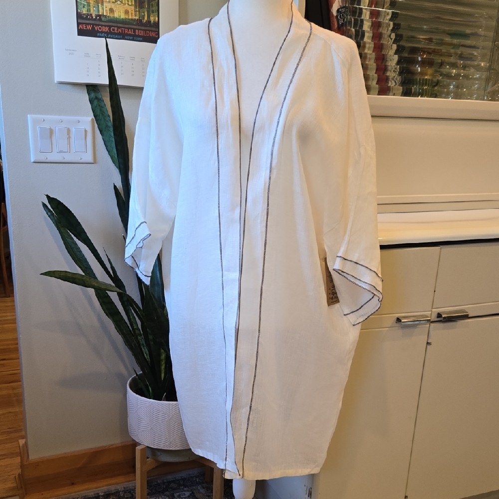 NWT Match Point White W/ Gray Linen Kimono Duster Size Large